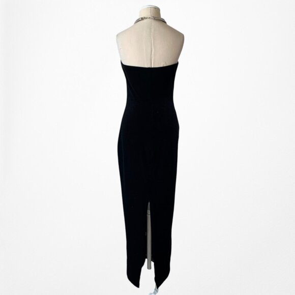 Vintage Black Strapless Velvet Floral Embroidered Maxi Bodycon Slit Dress S/M/L - Picture 6 of 9